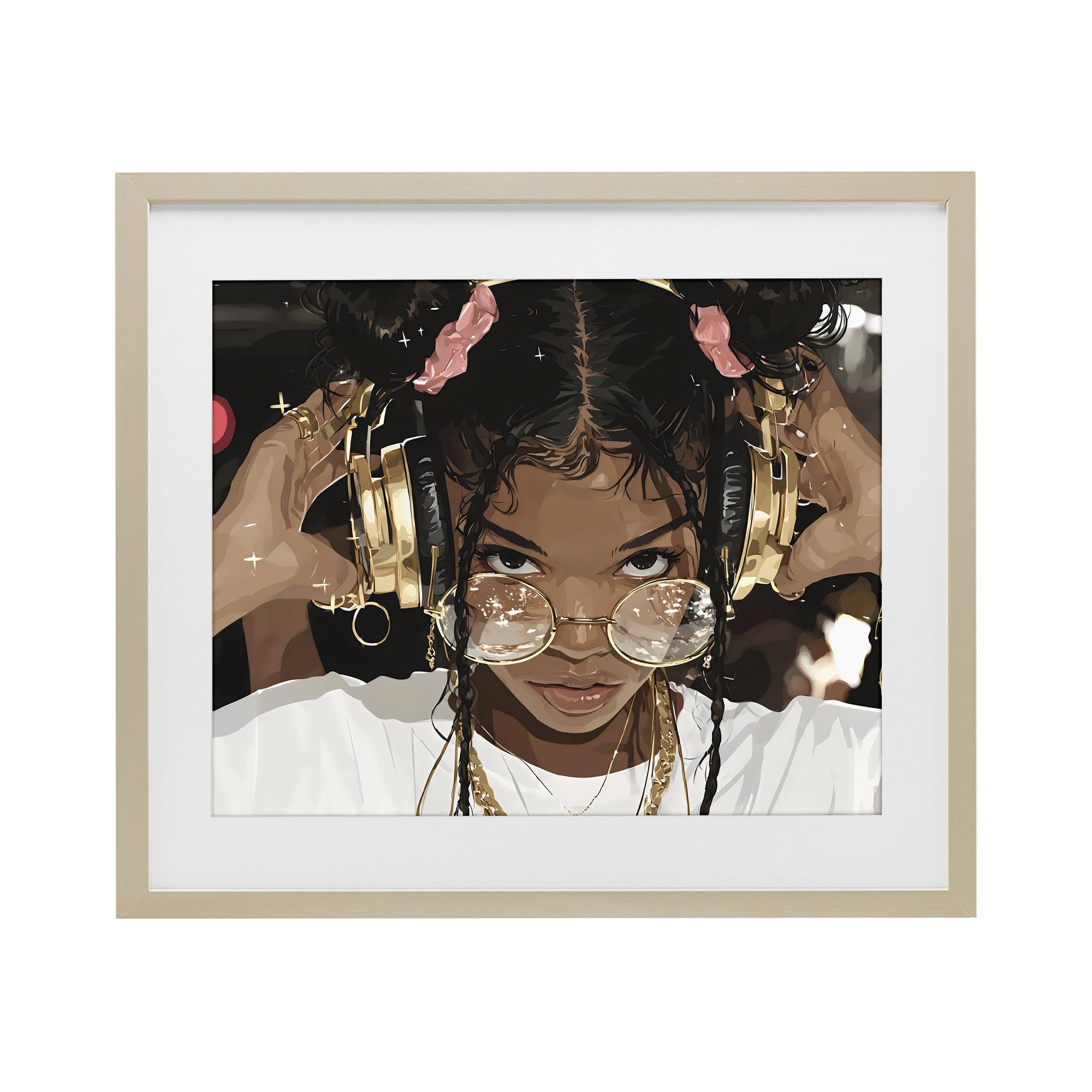 Affiche encadrée « Trendy Girl with Gold Headphones, 43,2 x 53,3 cm » sous