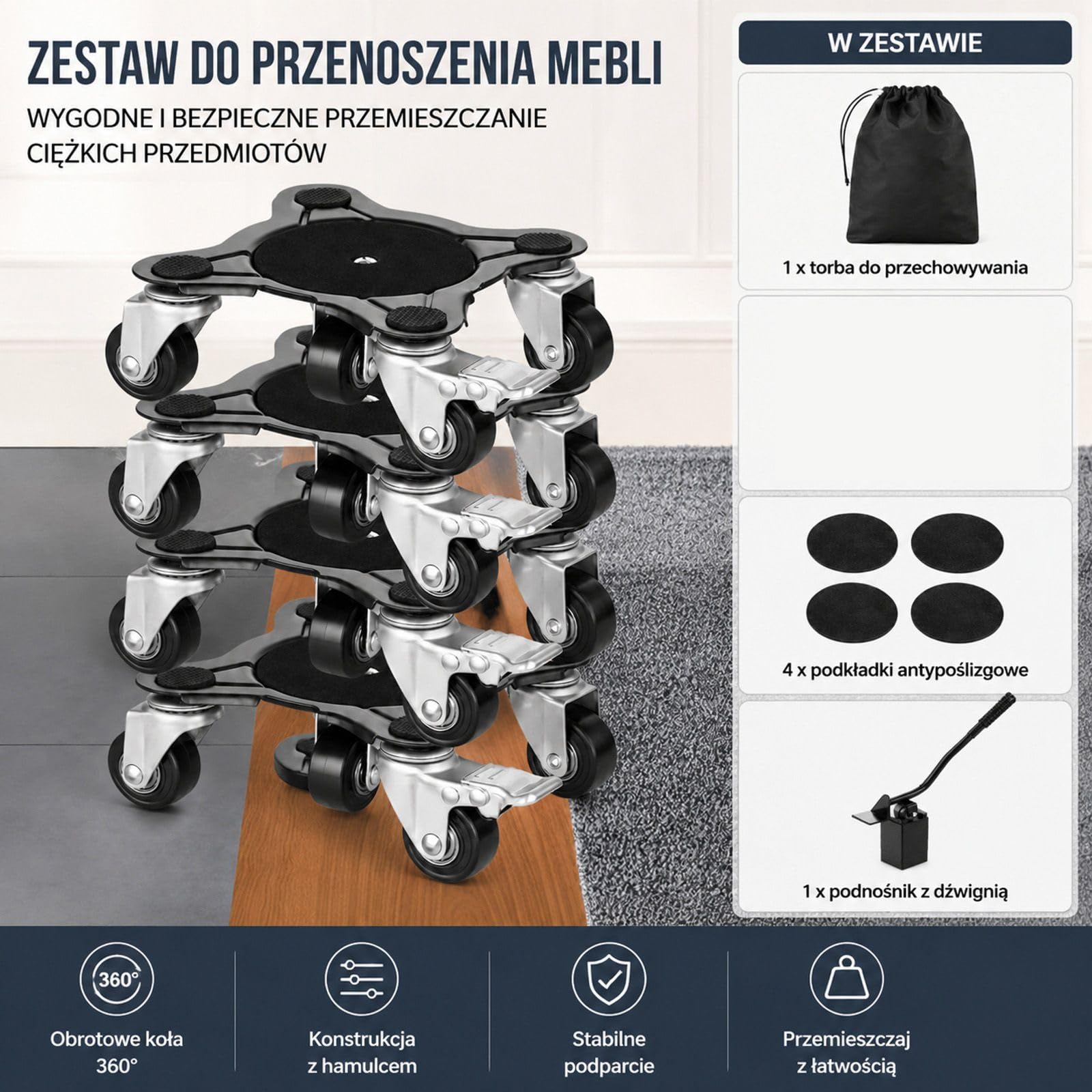 Zestaw 4 wózków meblowych z 5 obrotowymi kółkami, stalowy transporter do sofy, lodówki i pralki, z łomem, podkładkami, rękawicami i torbą