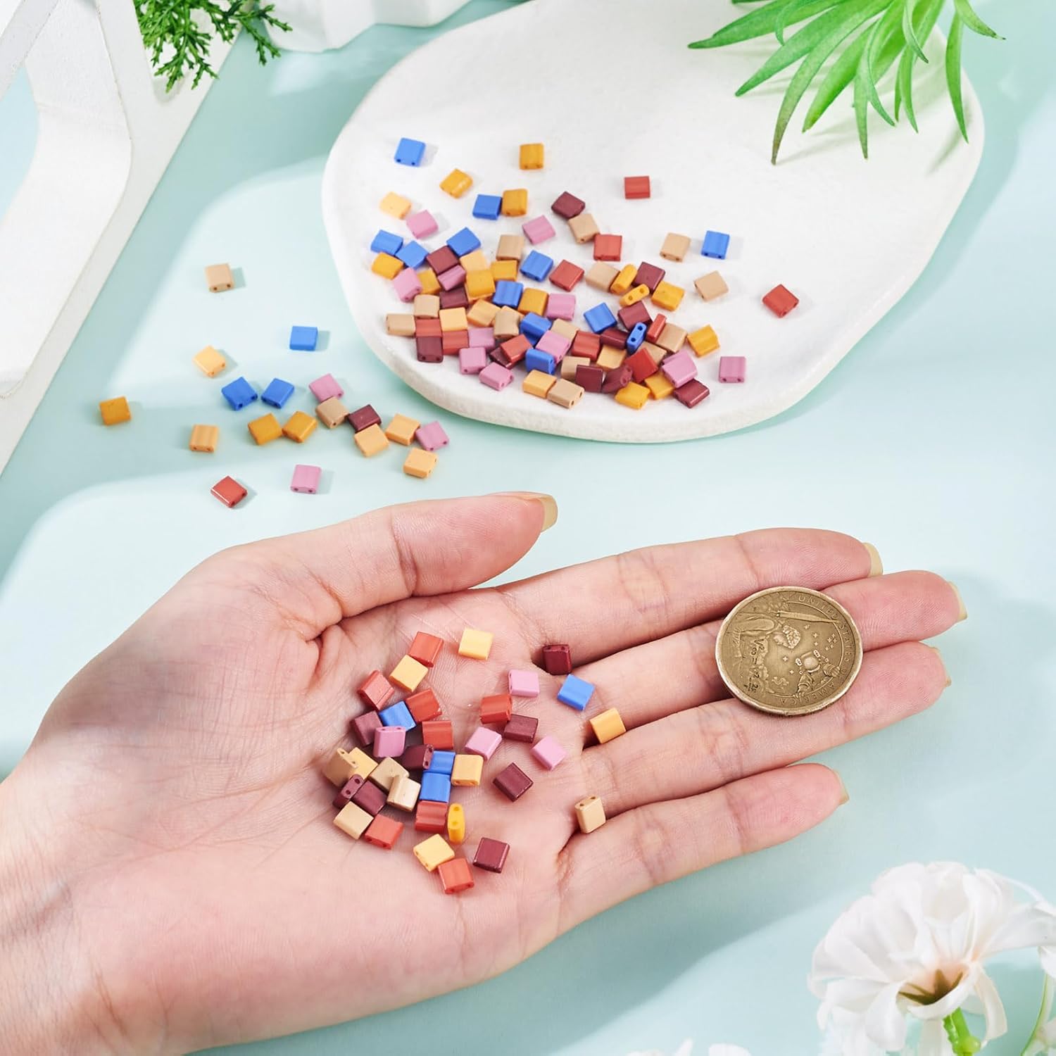 140Pcs 2-Hole Baking Paint Glass Tila Beads 7 Colors 5x5x2mm Square Seed Beads Small Flat Spacer Bead for Jewelry Making Bracelet Earring Beaded Bangle Craft - Image 5