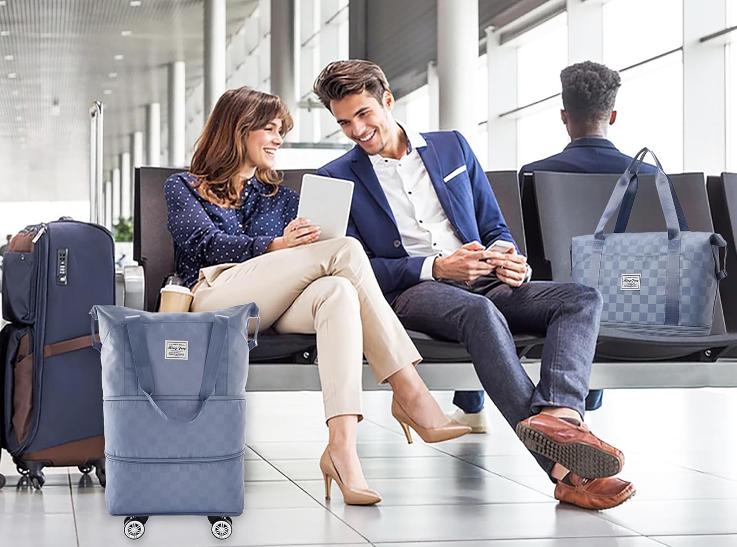 Rolling Duffle Bag with Wheels, 28-58L Expandable Foldable Travel Bag, Lightweight Carry-On Bag for Gym, Camping, Weekend Trips, Business Travel, Weekend Bag for Women & Men(Blue) - Image 6