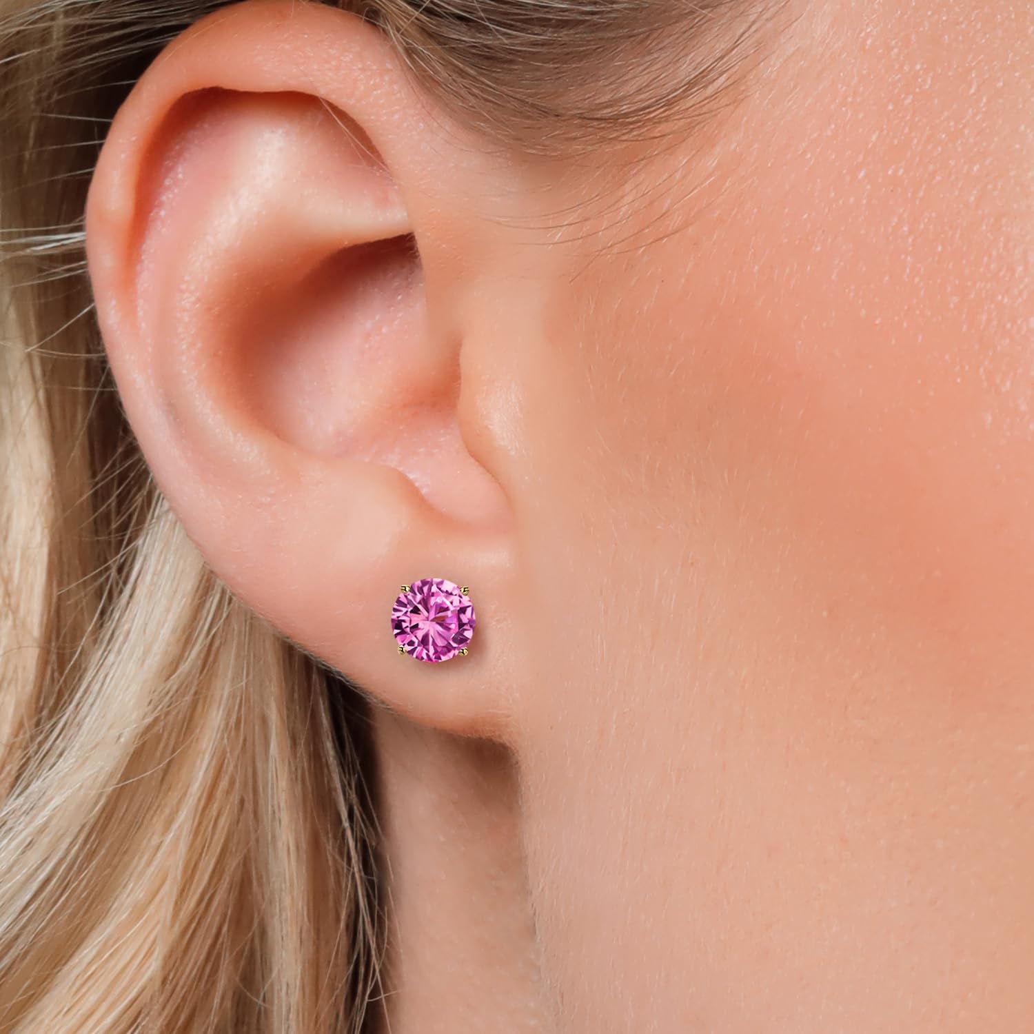 Gem Stone King 14K Yellow Gold Pink Created Sapphire Stud Earrings for Women | 3.32 Cttw | Gemstone September Birthstone | Round 7MM - Image 3