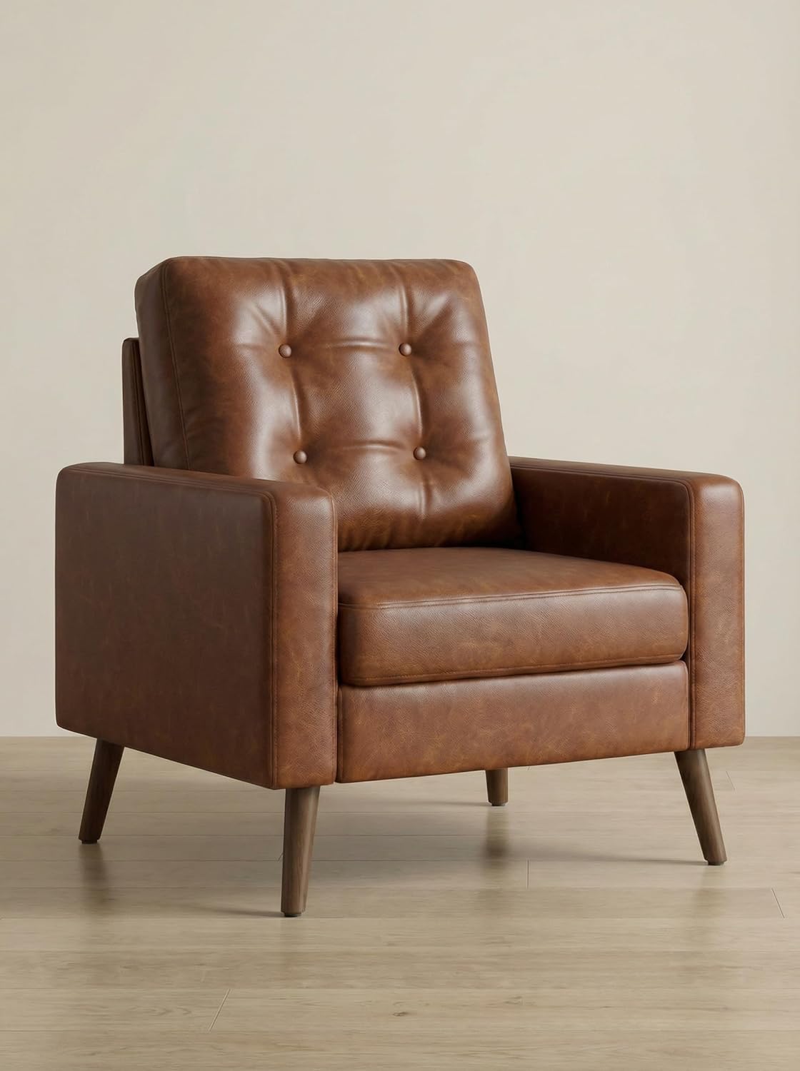 VESCASA Tufted Accent Arm Chair with Wood Legs, PU Faux Leather Comfy Upholstered Single Sofa, Mid Century Modern Side Club Leisure Chair for Reading/Living Room/Bedroom, Caramel