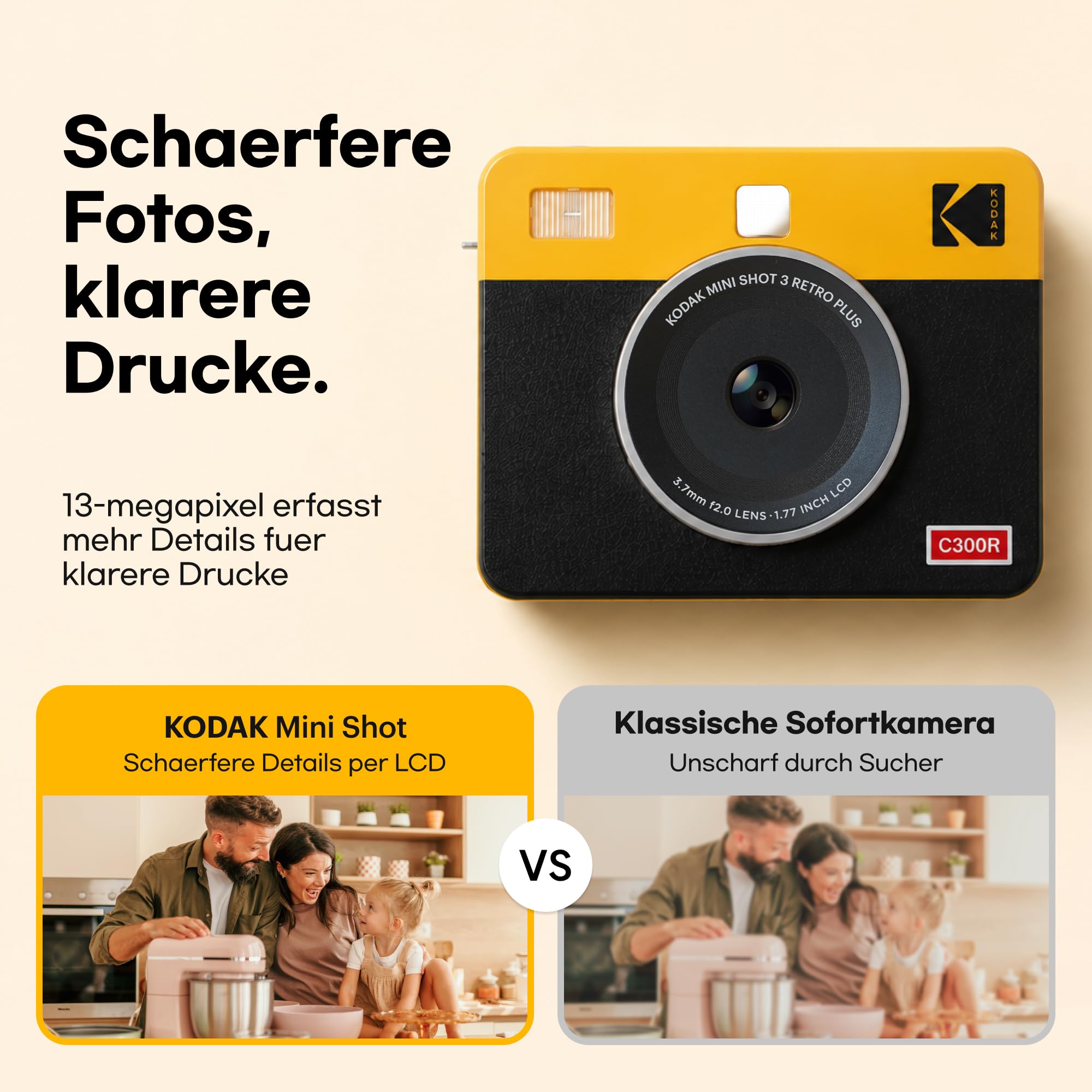 KODAK Mini Shot 3 Retro 7,6x7,6cm Sofortbildkamera, 38 Blatt, Weiß | Bluetooth, iPhone & Android kompatibel, 13-MP-Kamera, Druckvorschau, wasser-, fingerabdruck- & lichtbeständig