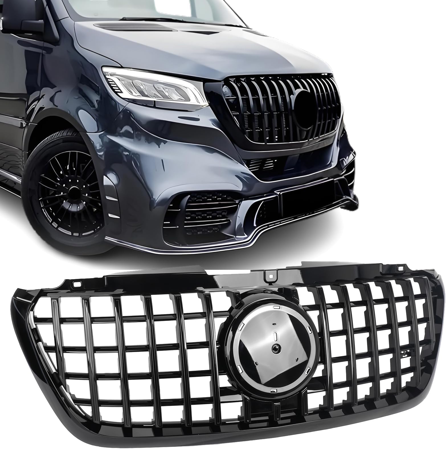 Front Grill Bumper Grille for 2019 2020 2021 2022 2023 2024 2025 Mercedes Benz Sprinter Van 1500 2500 3500 W907 907 W910 910, GTR Panamerica Style Gloss Black