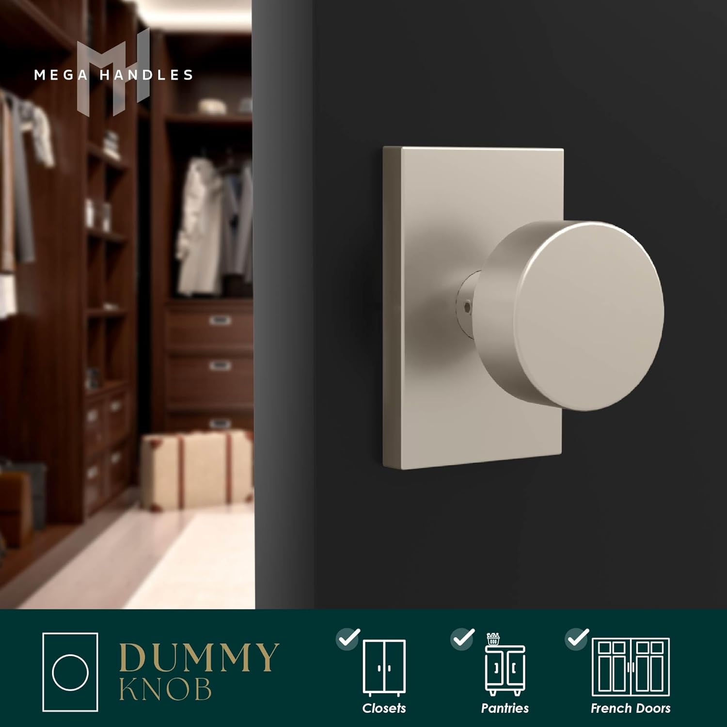 Mega Handles Laura Dummy Door Knob - 2 Pack Heavy Duty Dummy Door Knobs, Non-Turning Satin Nickel Door Knob for Closet & French Doors, Single Side, Fits All Standard Doors - Satin Nickel