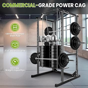 Power Cage, 1200LBS Power Rack, Weight Cage with Adjustable Cable Crossover System, Multi-Functional Squat Rack for Weight Training, Black
