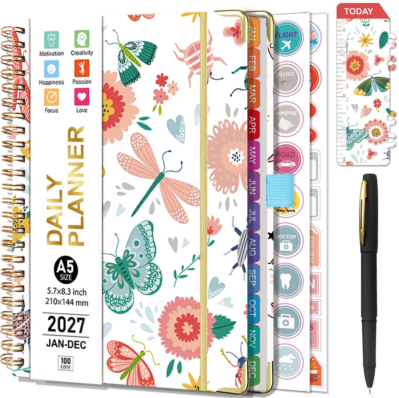 NEYSA Diary 2027 Week to View A5 For UK with Pen,Stickers and Monthly Tabs