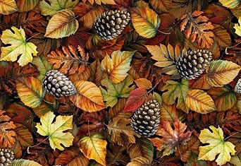 Timeless Treasures Lakeside Cabin Autumn Packed Leaves and Pine Cones Cotton Fabric by The Yard