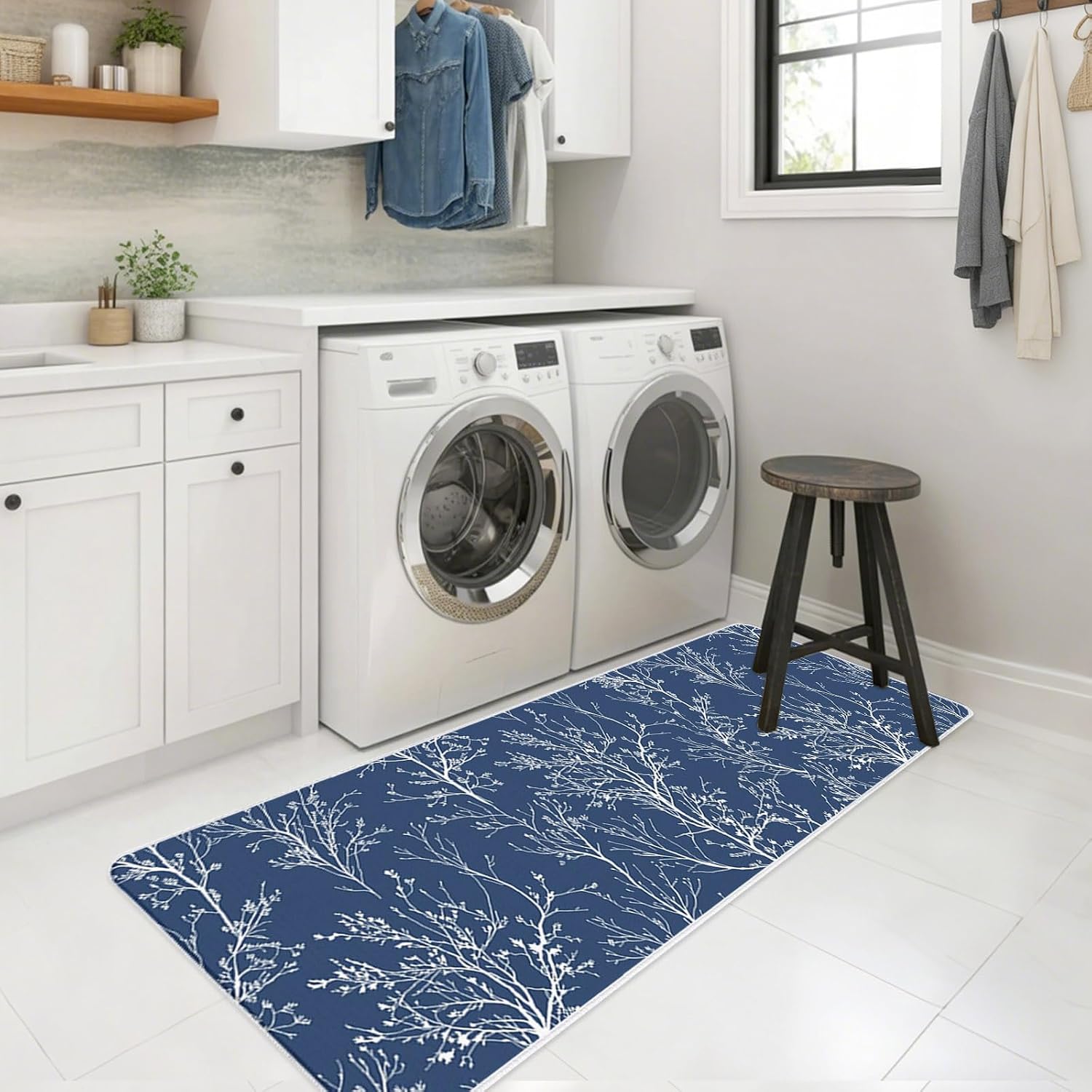 Navy Blue Kitchen Mats Set of 2 White Tree Branch Botanical Abstract Plant Leaves Non Slip Mat Washable Floor Rug for Kitchen Sink Floor Laundry, 23.6"x35.4"+23.6"x70.9"