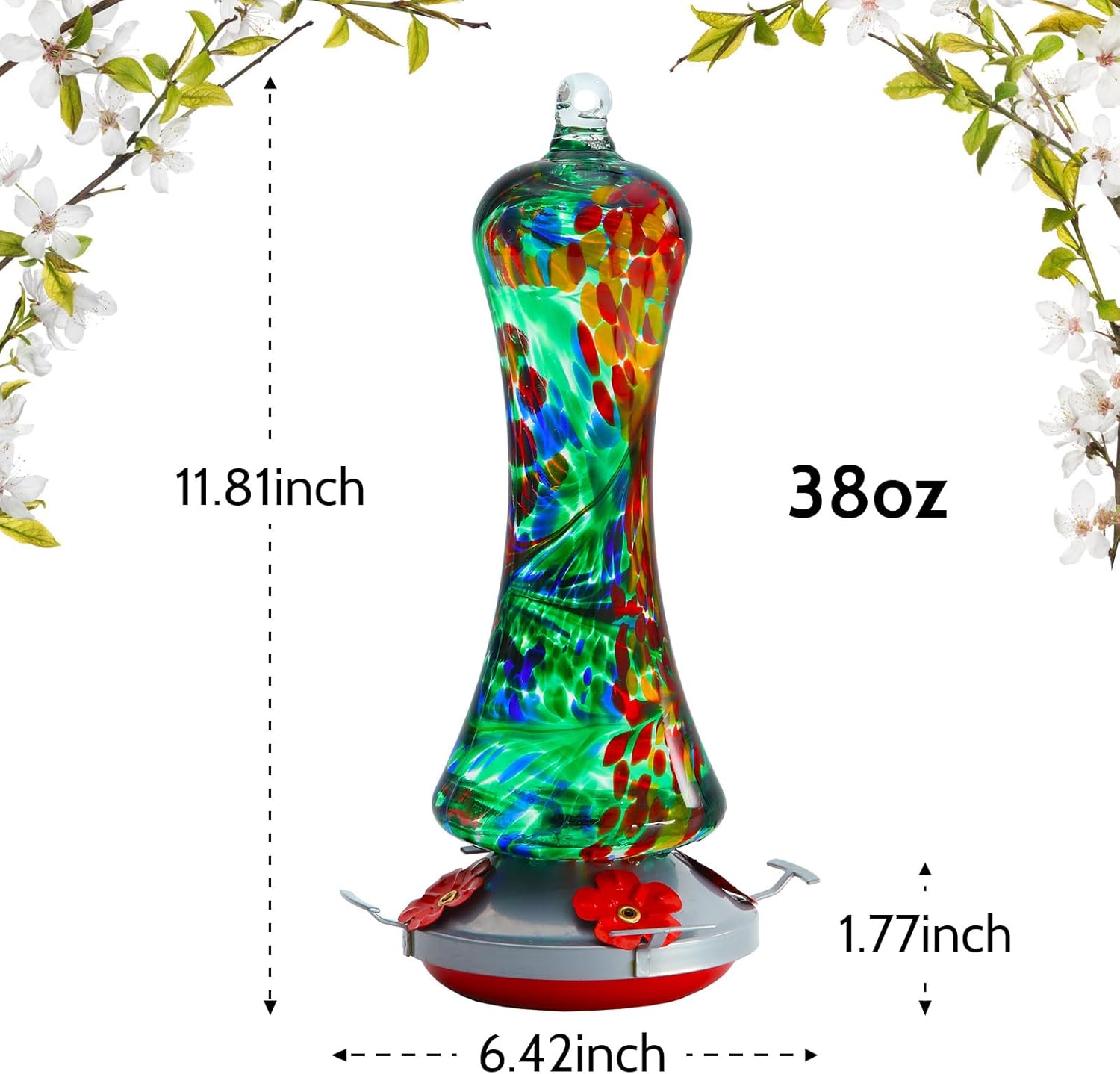 Glass Hummingbird Feeder for Outdoors: Window Hanging Hummingbirds Gifts for Women - Ant Moat Included, Metal Base with 4 Feeding Ports & Perch, Leak Proof, 38 fl.oz, Best Garden Decor