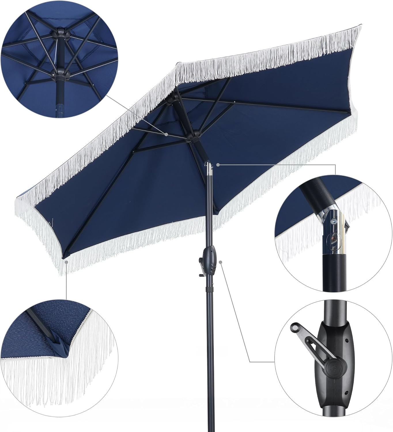 HYD-Parts 7.5Ft Patio Umbrella with Fringe Outdoor Tassel Umbrella w/Easy Crank for Yard, Poolside, Deck, Beach