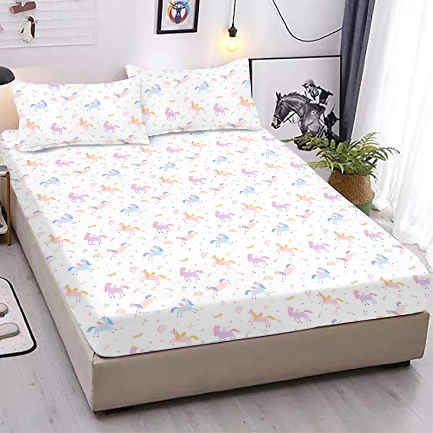 MUSOLEI Unicorn Fitted Sheet Set Full Girls Rainbow Star Sheet Pink Flower Bedding Set 1 Deep Pocket Fitted Sheet with 2 Pillowcases Multi-Colour Girls Kids Teenagers Gift Queen