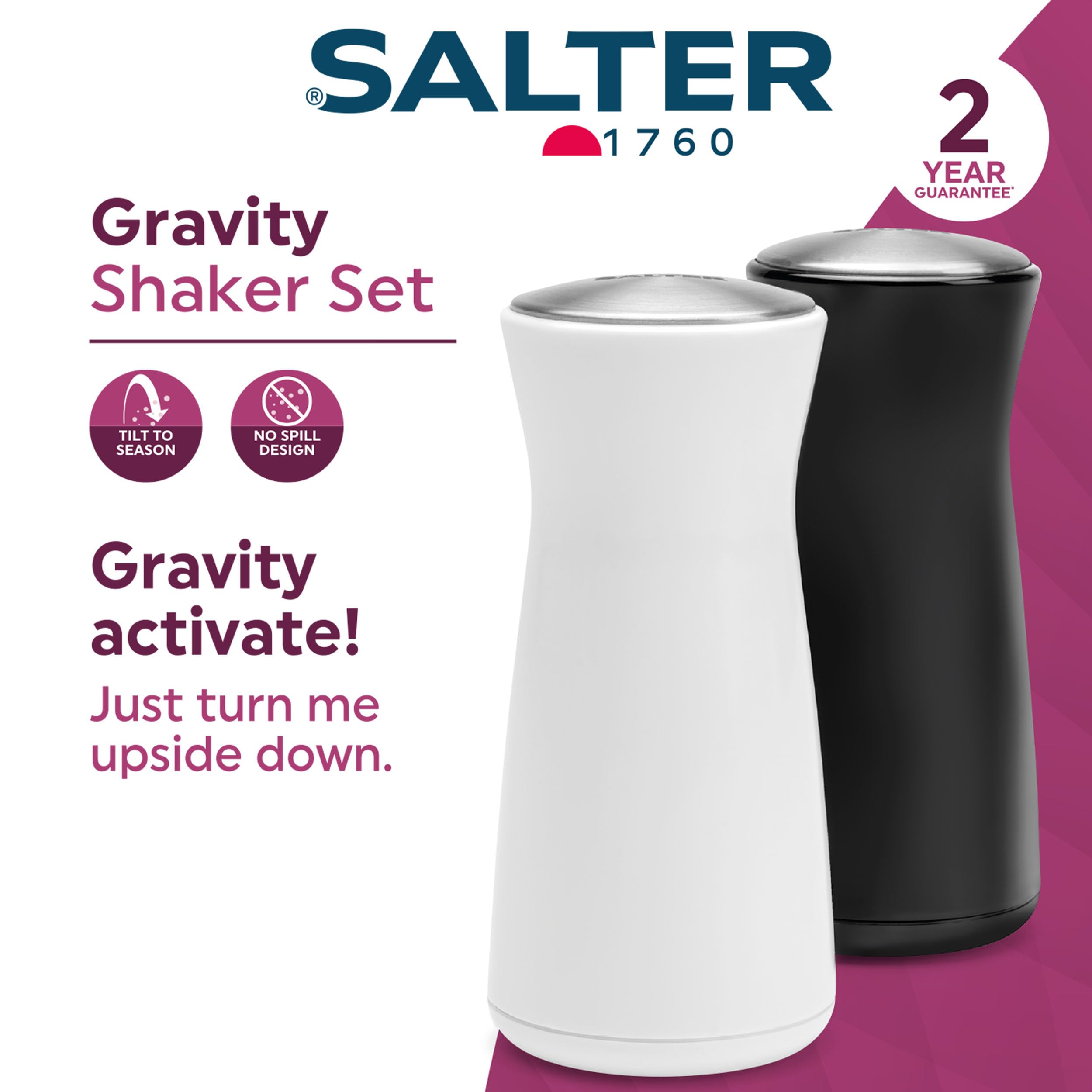 Salter BW12947EU7 Gravity Salt and Pepper Shaker Set, Classic Seasoning Mills, Salt & Pepper Pots, Tilt to Operate - Image 2