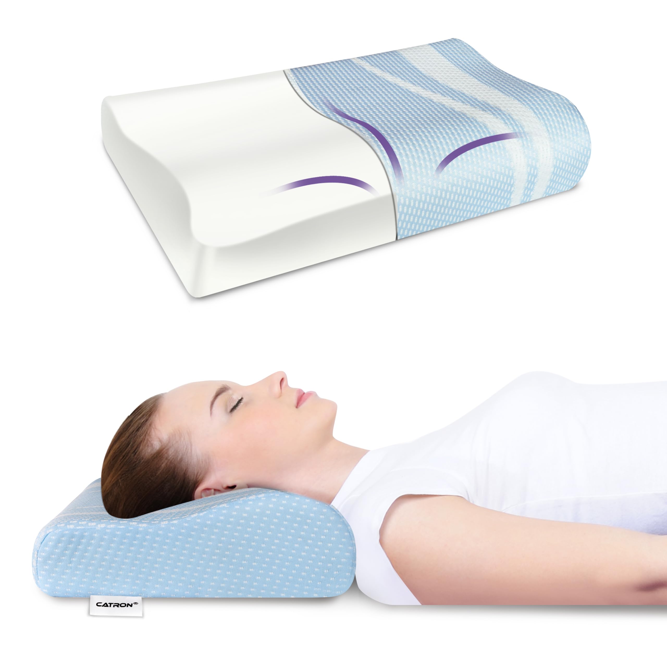 Catron Memory Foam Premium Pillow, Orthopedic Contour Cervical Pillow for Neck & Shoulder Pain | for Curve Neck and Shoulder Adjust & Support | Sky Blue