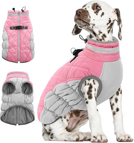 Vista 90 de AOFITEE - Abrigo tipo chaleco para perros, cálido, de invierno, de vellón, cuello alto reflectante, arnés integrado, impermeable, rompeviento
