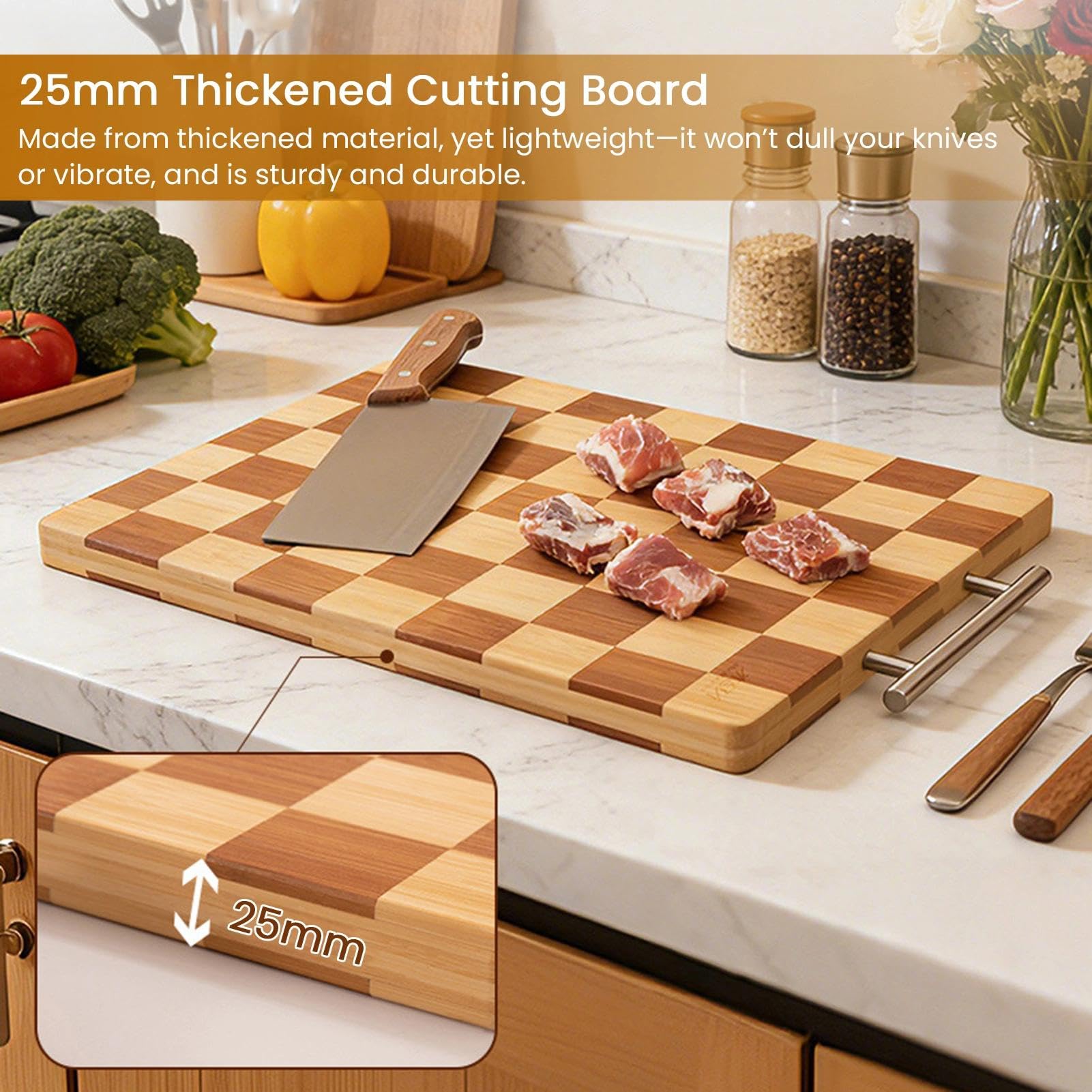 Tabla de cortar grande de bambú para cocina, tabla de cortar gruesa antideslizante con superficie de doble cara de grado alimenticio para carne, pescado, verduras