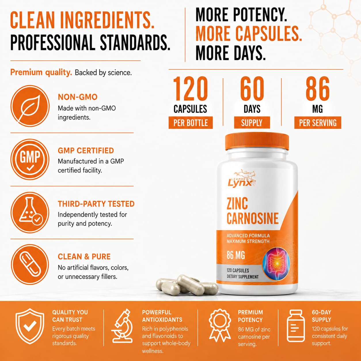 Zinc Carnosine Supplement 86mg – Zinc L-Carnosine with 16mg Zinc for Stomach Lining, Gut Health, Gastric & Digestive Support – GI Supplement, 60-Day Supply, 120 Capsules — Amazon image 5