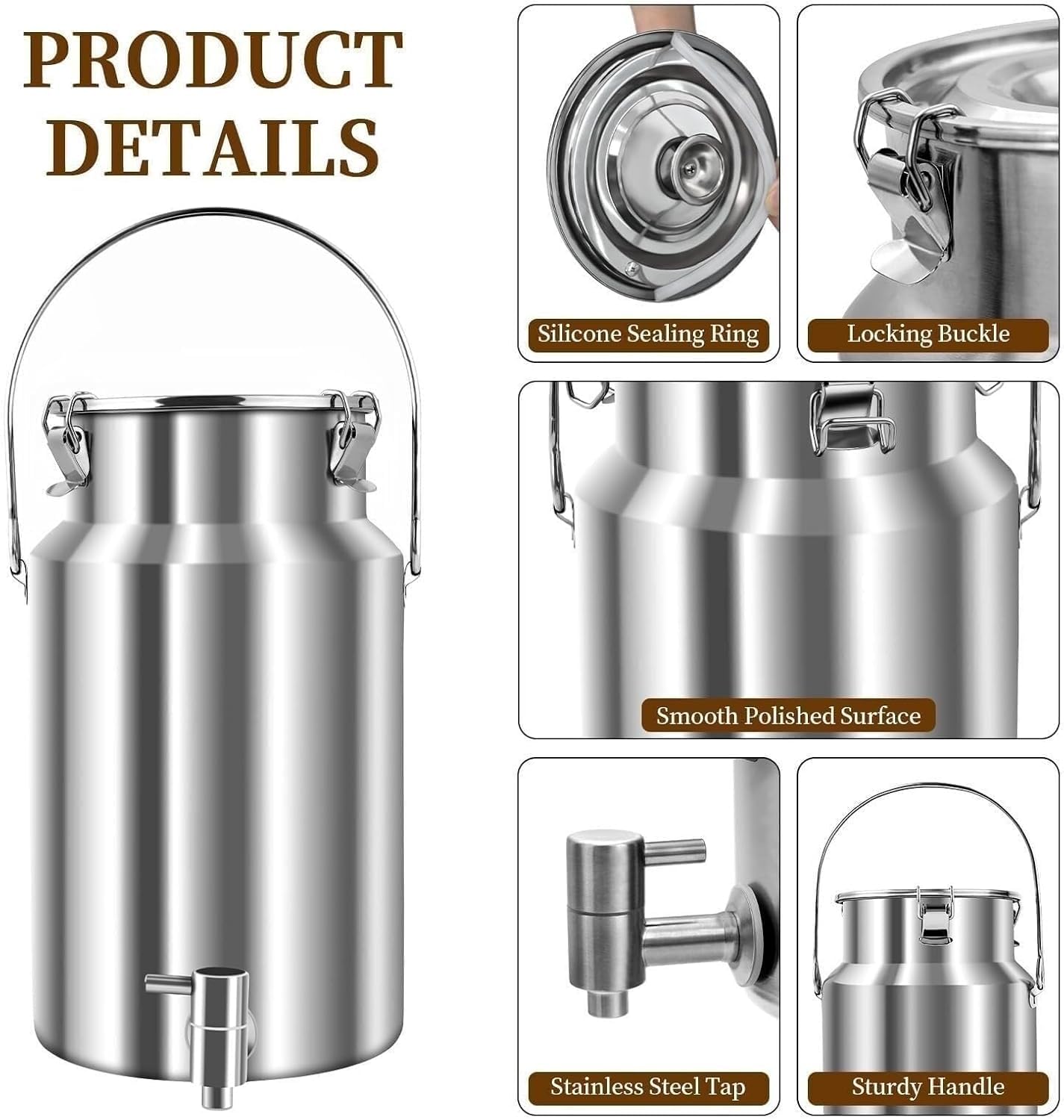 Contenitore ermetico in Acciaio Inox 304 per liquidi con erogatore | Resistente acciaio inossidabile 304, coperchio sigillato in silicone e per una facile erogazione.