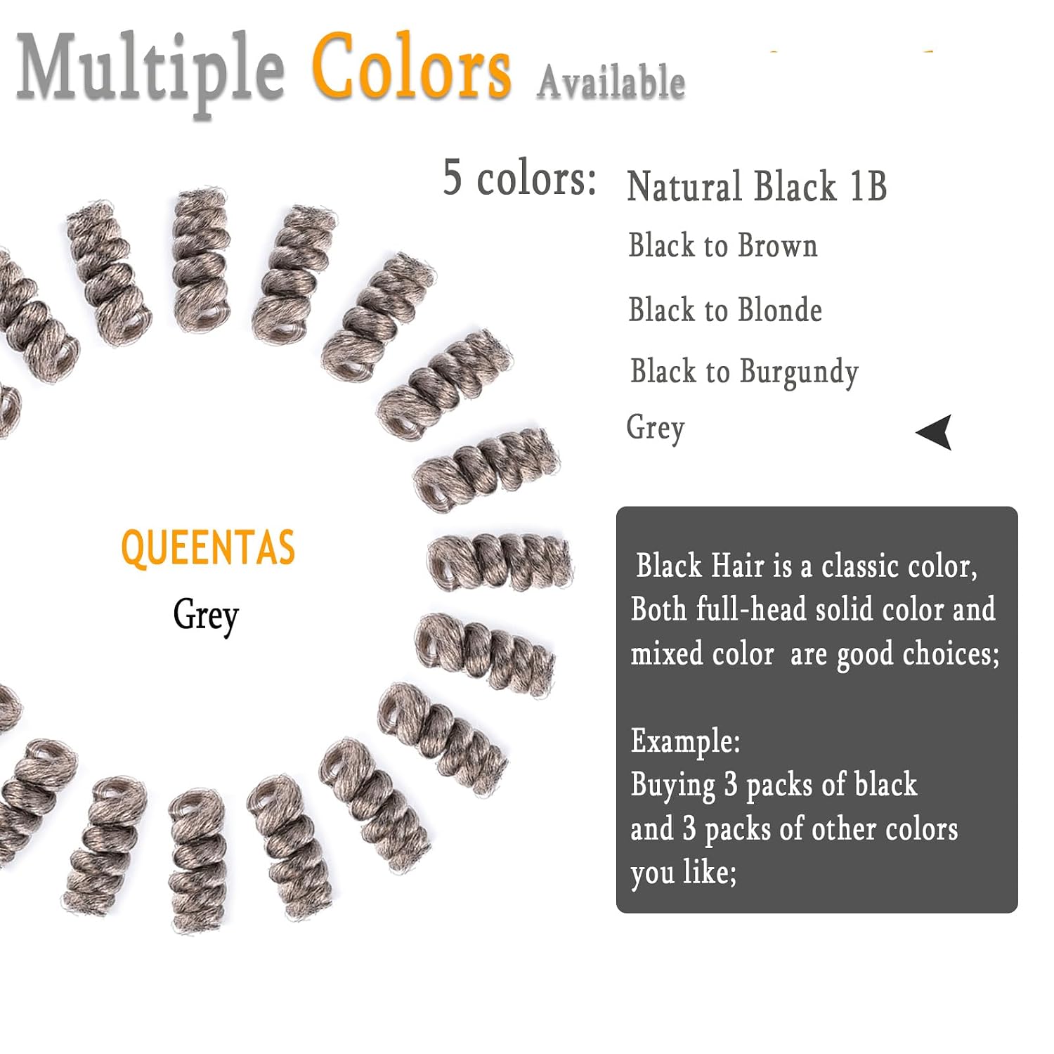 QUEENTAS 3 Pack 10 Inch 8mm Crochet Hair for Black Women Grey Braid Synthetic Hair Extensions with Afro Passion Twist, Jerry Curl, Jamaican Bounce and Ringlet Curls for Daily Party Casual Wear