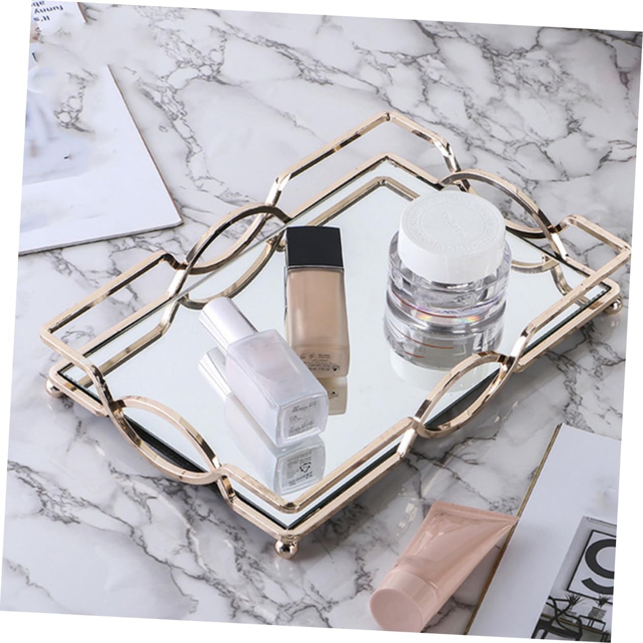 ABOOFAN 1pc Elegant Mirror Perfume Tray Makeup Organizer Metal Jewelry Tray Cosmetics Storage Decorative