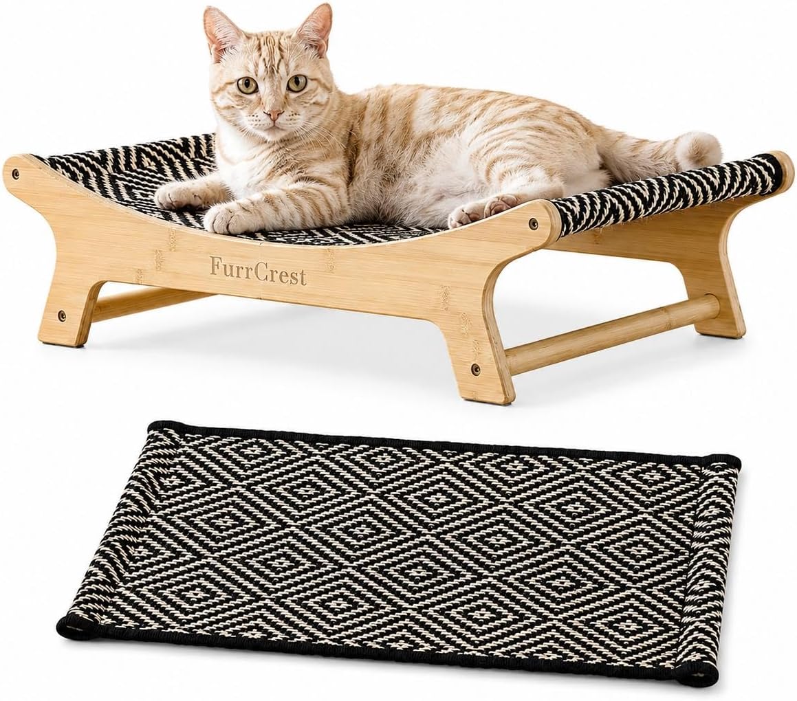 XL Cat Scratcher Bed + Replacement Sisal Pad Bundle – Elevated Cat Hammock Lounge, FSC Bamboo Frame, Natural Sisal Cat Scratcher for Indoor Cats, No-Wobble, Large Cat Bed, Black & White Diam