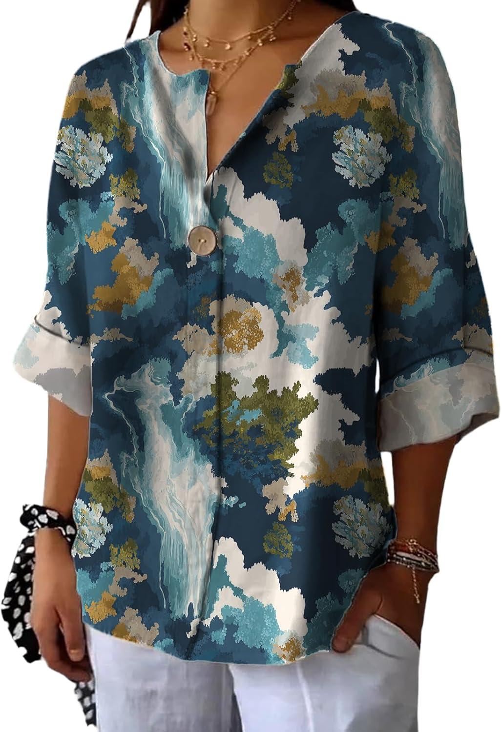 Summer T Shirts for Women Floral Graphic Workout Basic Tops Midweight Shacket V Neck Three-Quarter Sleeve Blouses