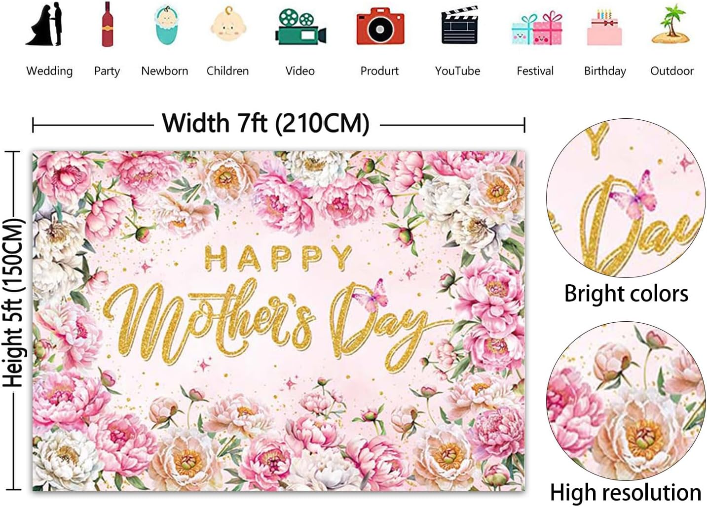 Pink Mother's Day Backdrop Pink Floral Mother Party Photography Background Happy Mother's Day Thanks Mom Party Decoration Banner Photo Supplies (82x59inch(7x5FT))
