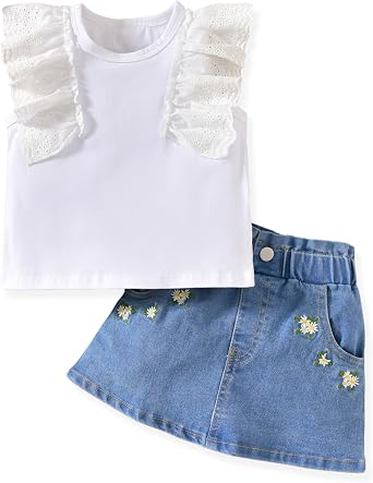 fioukiay Toddler Girl Summer Outfit Short Ruffle Sleeve T Shirts Denim Skirt Girls 2 Piece Outfits 18Months-6T