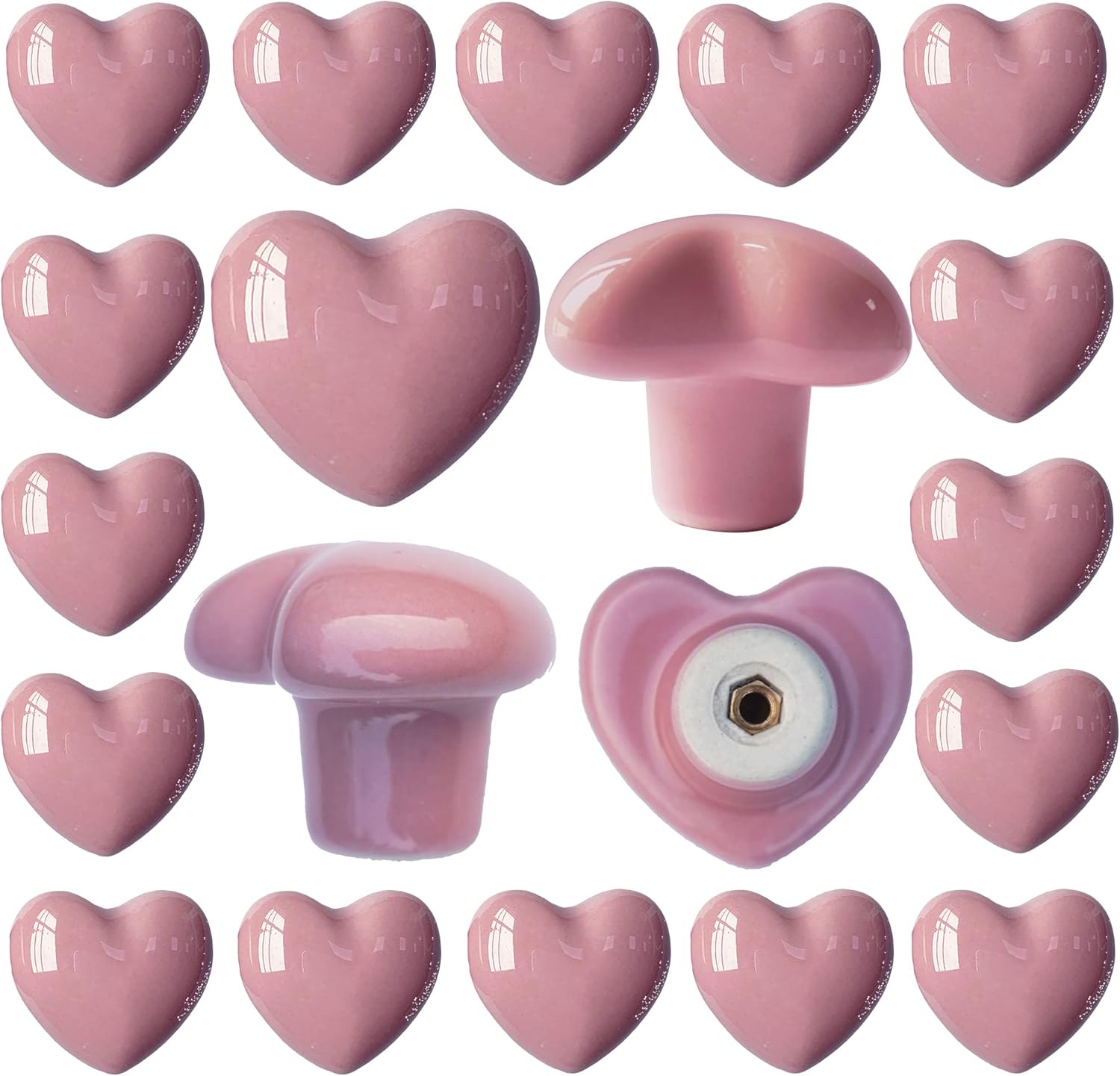Ceramic Drawer Knobs Heart Shape Cabinet Dresser Pulls Handles with 3 Sized Screws, Kitchen Furniture Knobs for Closet Cupboard Wardrobe (20, Pink)