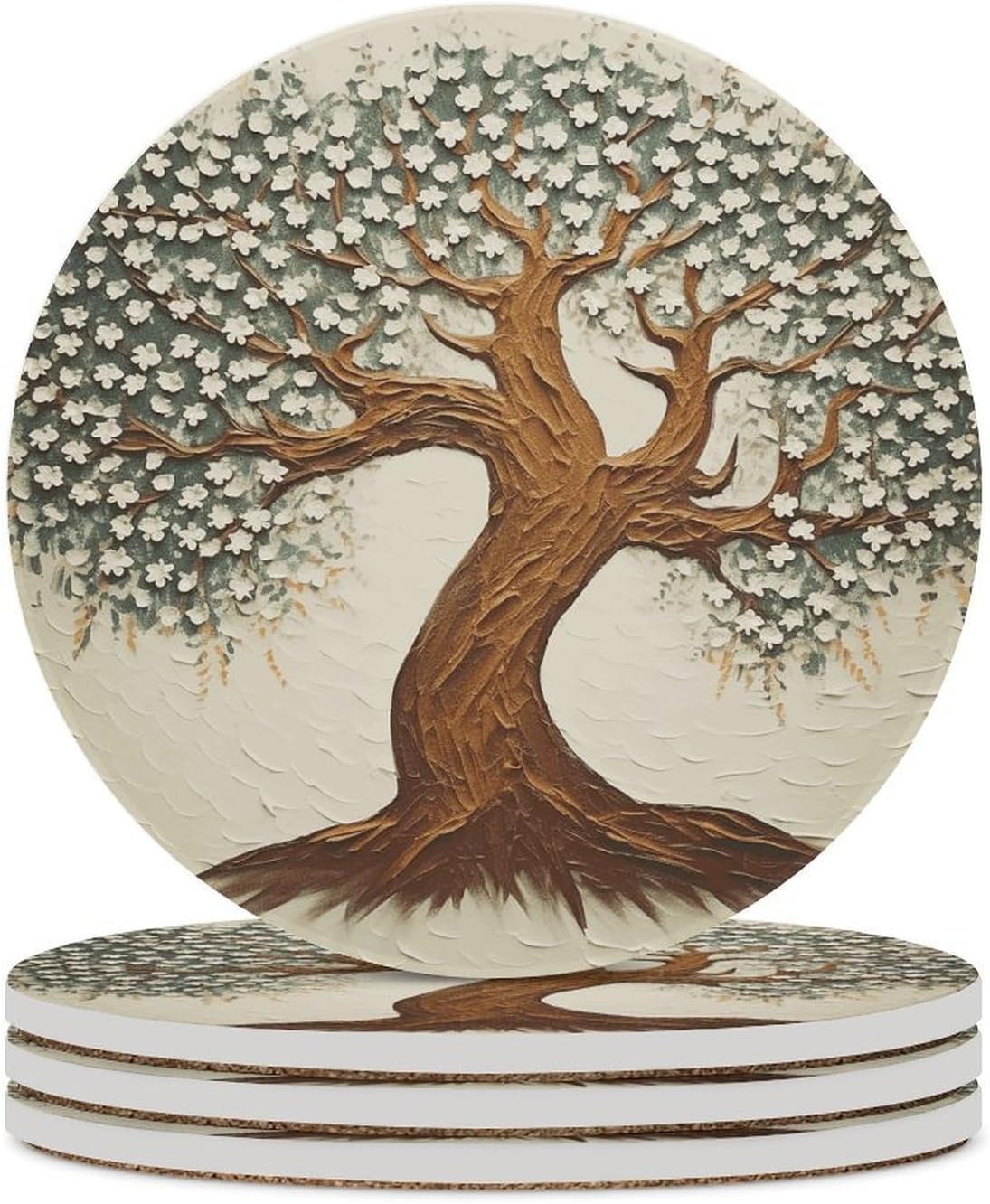 6PCS Tree Printed Coasters Non-Slip Round Drink Coasters with Ceramic Stone and Cork Base, Heat Resistant Absorbent 33.00Stone Coaster Set for Kinds of Mugs and Cups, 4 Inch