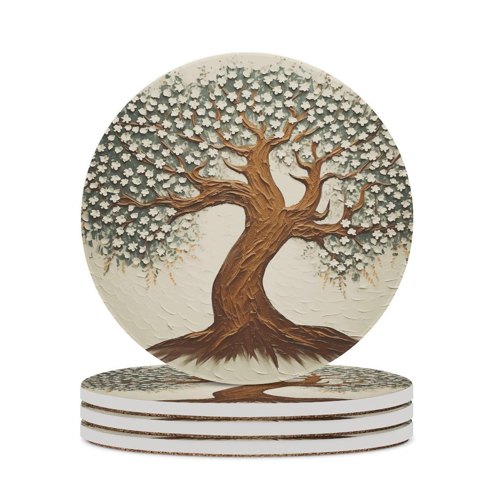 Dessous de verre en céramique lot de 4 absorbants ronds 10cm avec motif arbre et liège