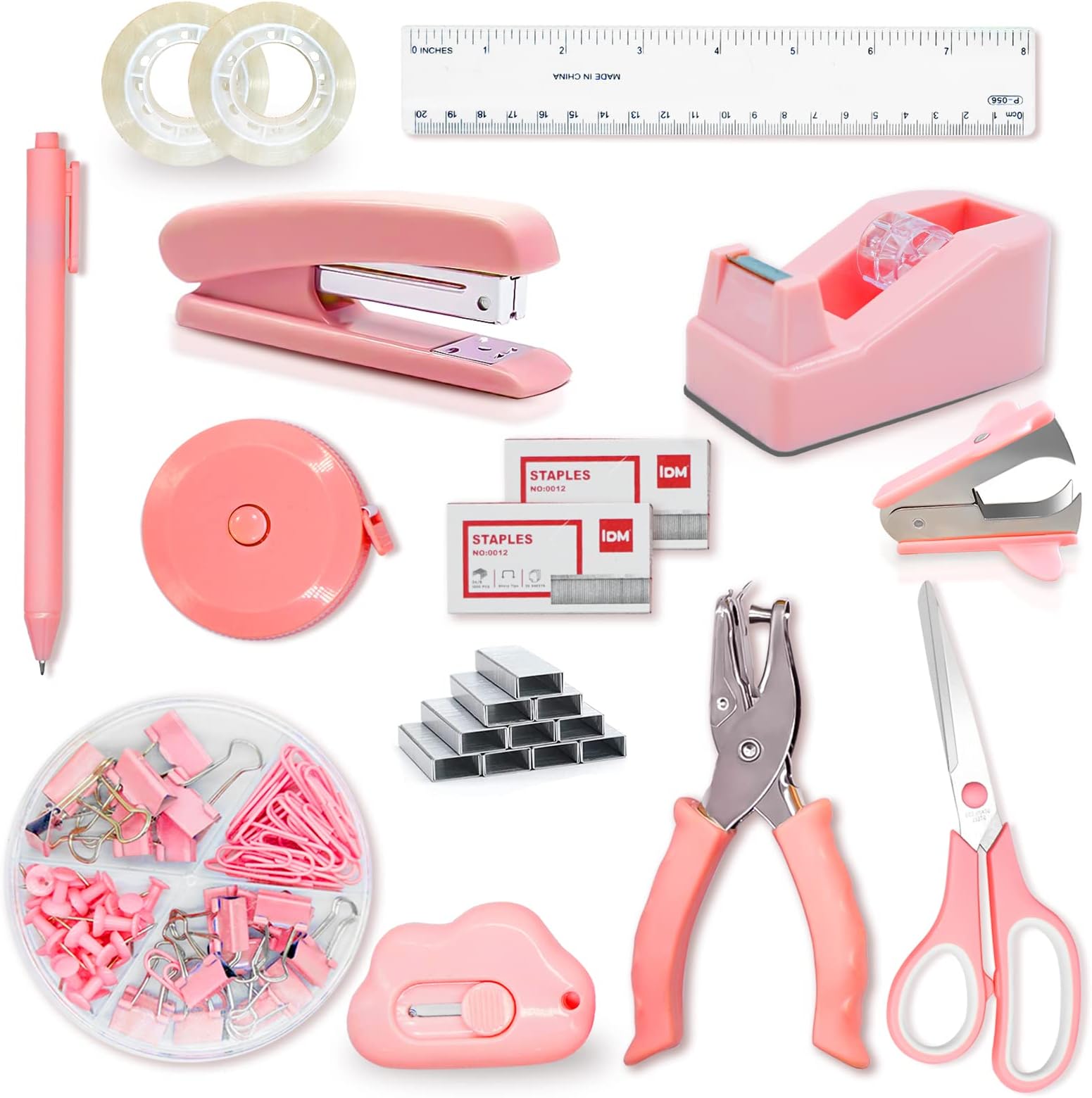Pink Office Supplies, Pink Desk Accessories, Stapler & Tape Dispenser Set for Women with Stapler, Tape Dispenser, Staple Remover, Staples, Clips, Scissor and Tabs for Students【Upgraded】