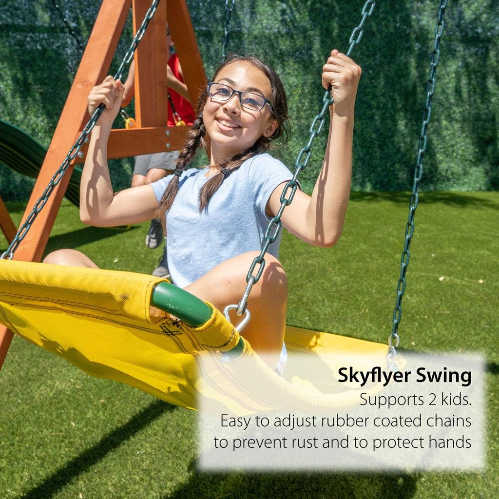 Sportspower Olympia Wood Swing Set with 3 Swings, Slide, and Monkey Bars, Natural/Green : Toys & Games