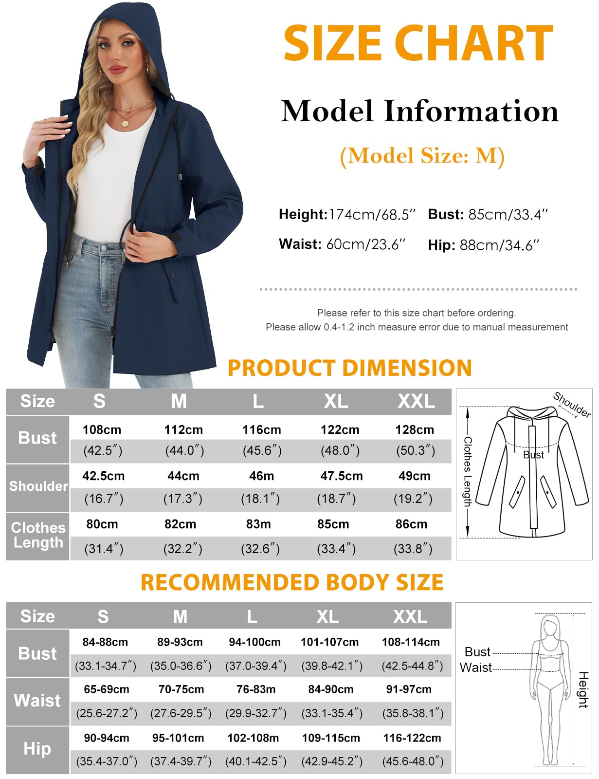 CMTOP Veste Imperméable Femme Raincoat Léger Respirant Coupe Vent Impermeable, Manteau de Pluie à Capuche Printemps Automne d'Extérieur Trench Coat pour Randonnée Camping