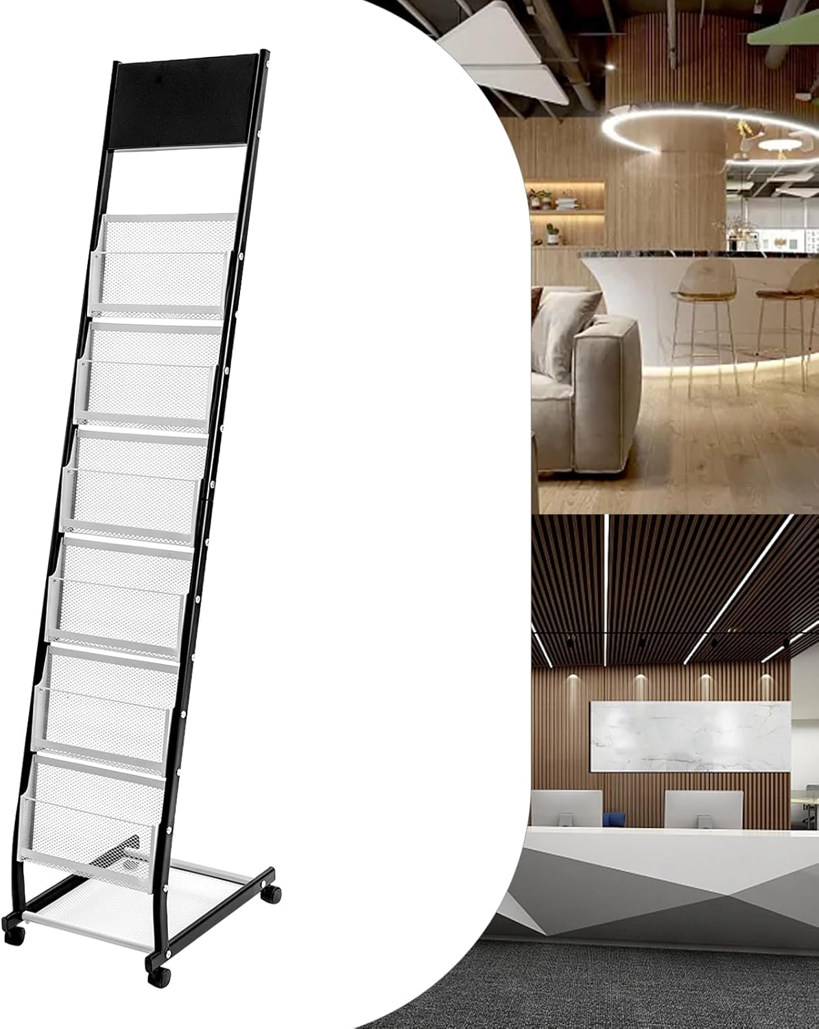 Magazine Rack, Floor-Standing Brochure Display Stand with Wheels, 6 Pockets Catalog Literature Rack Magazine Holder Newspaper Stand for Trade Show Exhibitions Office Retail Store