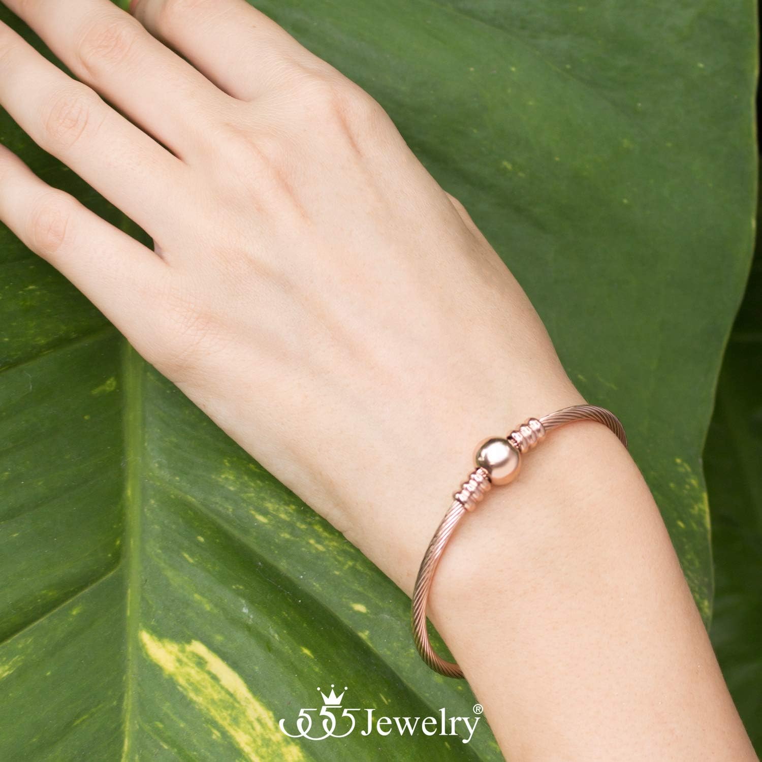 555Jewelry Adjustable Stainless Steel Center Bead Twisted Cable Wire Bangle Bracelet - Image 3