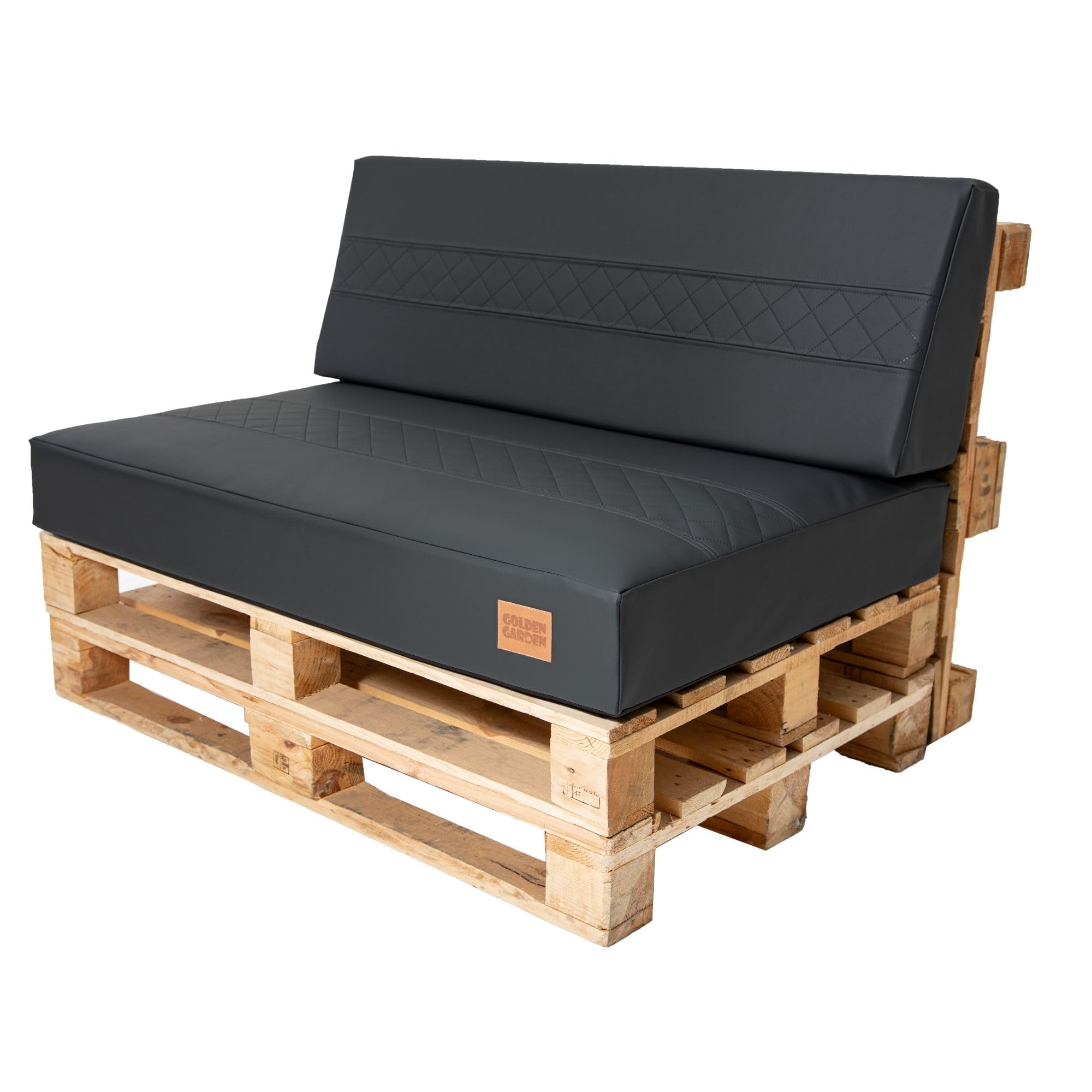 GoldenGroup Gartenset Kissen für Palettenmöbel Schwarz - Eco-Leder mit gestepptem Einsatz Sofakissen - Polster Hartschaum - Sitzkissen 120cm x 80cm x 10cm & 120cm x 40cm x 10/20cm Rückenkissen