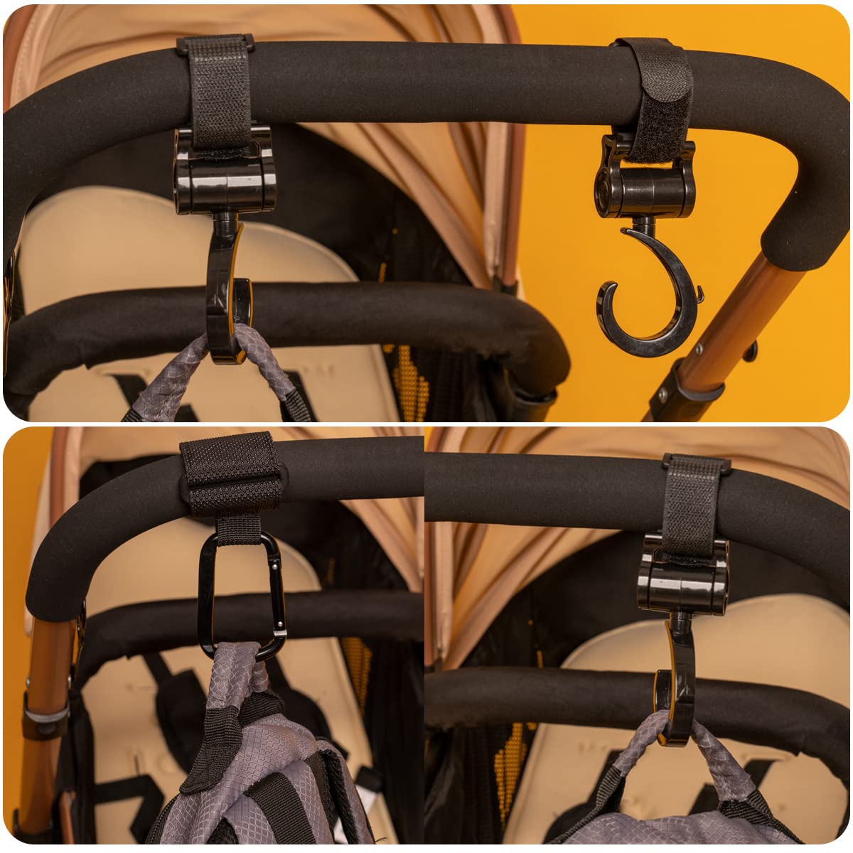 4 Pezzi Ganci Passeggino Universali Macla - Ganci per Passeggino Porta Borse in Alluminio - Portaoggetti Passeggino con Chiusura Regolabile in Velcro - Design Elegante e Cuciture Extra Forti