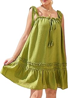 Womens Plus Size Mini Dress for Curvy Women Sleeveless Tie Shoulder Loose Ruffle Open Back Smocked Dress - Buy now