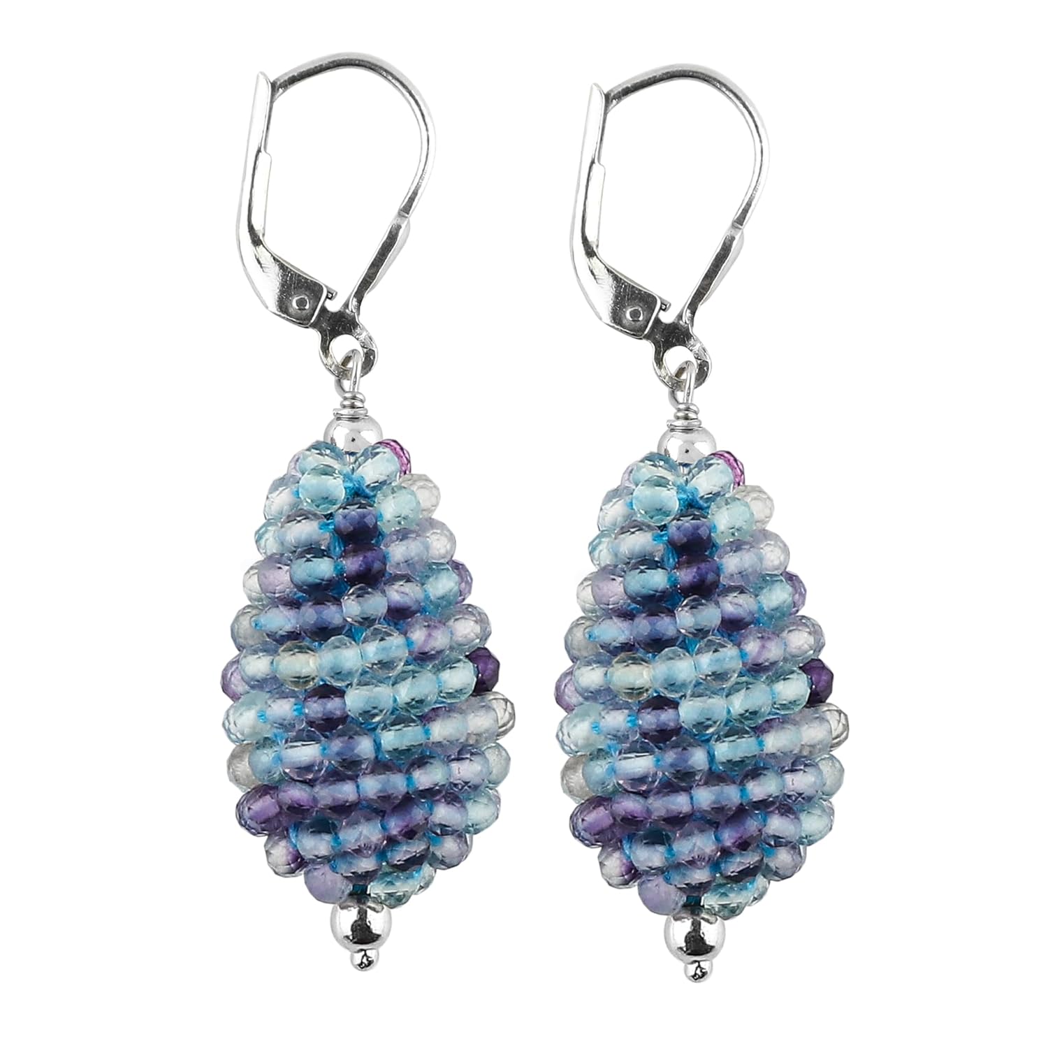 CRYSTALIS Fluorite Crochet Beaded Drops Earring Set, Dainty Pair Jewelry for Women, Natural Micro Beads Gemstone, Chakra Healing Crystal, Wardrobe Essential Jewelry, 925 Sterling Silver