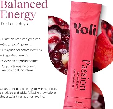 Yoli Passion Energy Powder Mix, Berry, Sugar-Free, 30 Individual Packets | Sugar-free berry energy drink mix with green tea and guarana for endurance, stamina, and daily performance for active adults.