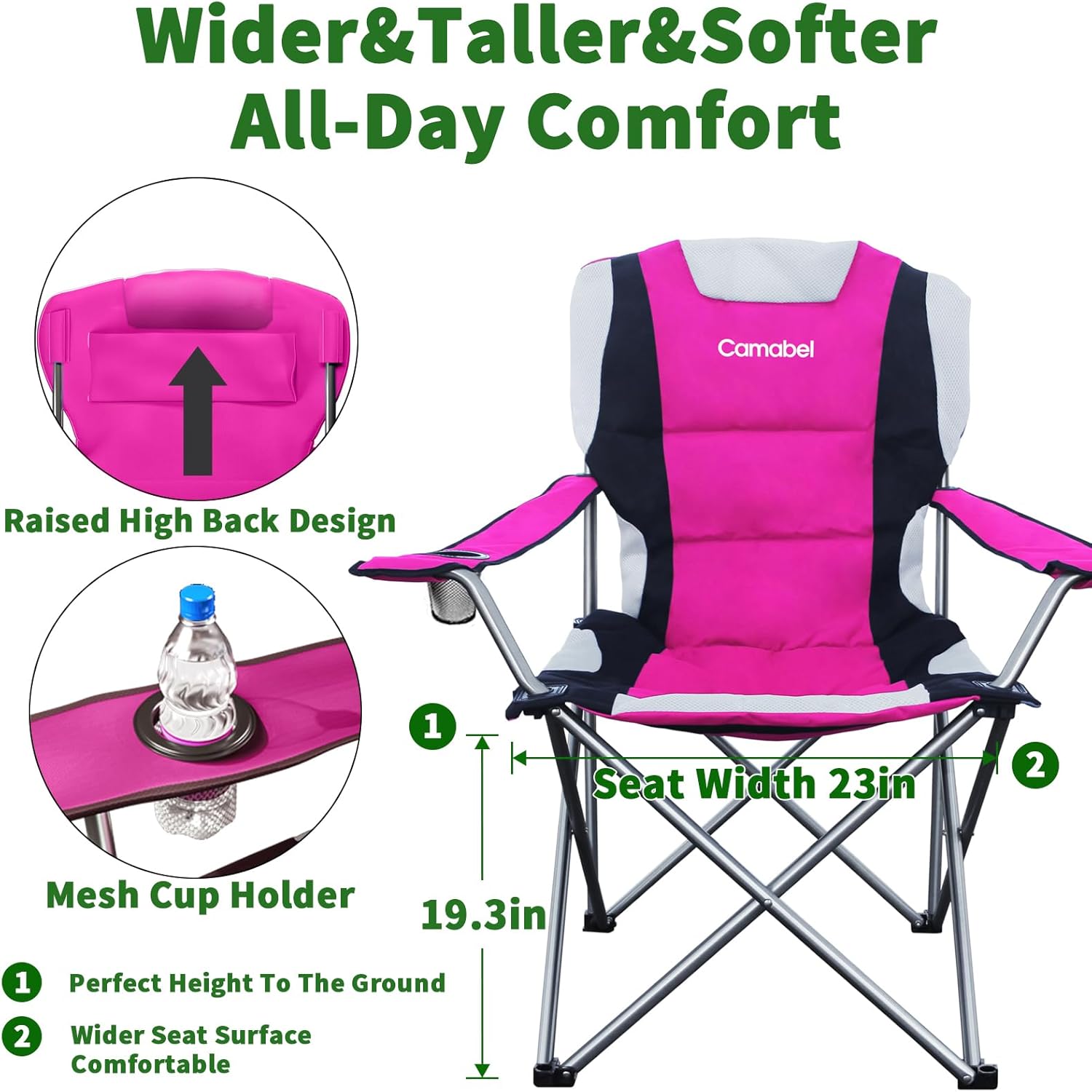 Camabel Folding Camping Chairs 400lbs Oversized Outdoor Collapsible Lawn Chair Padded Sports Portable Lightweight Chairs for Beach Hiking Fishing Picnics with Cup Holder Hanami Pink