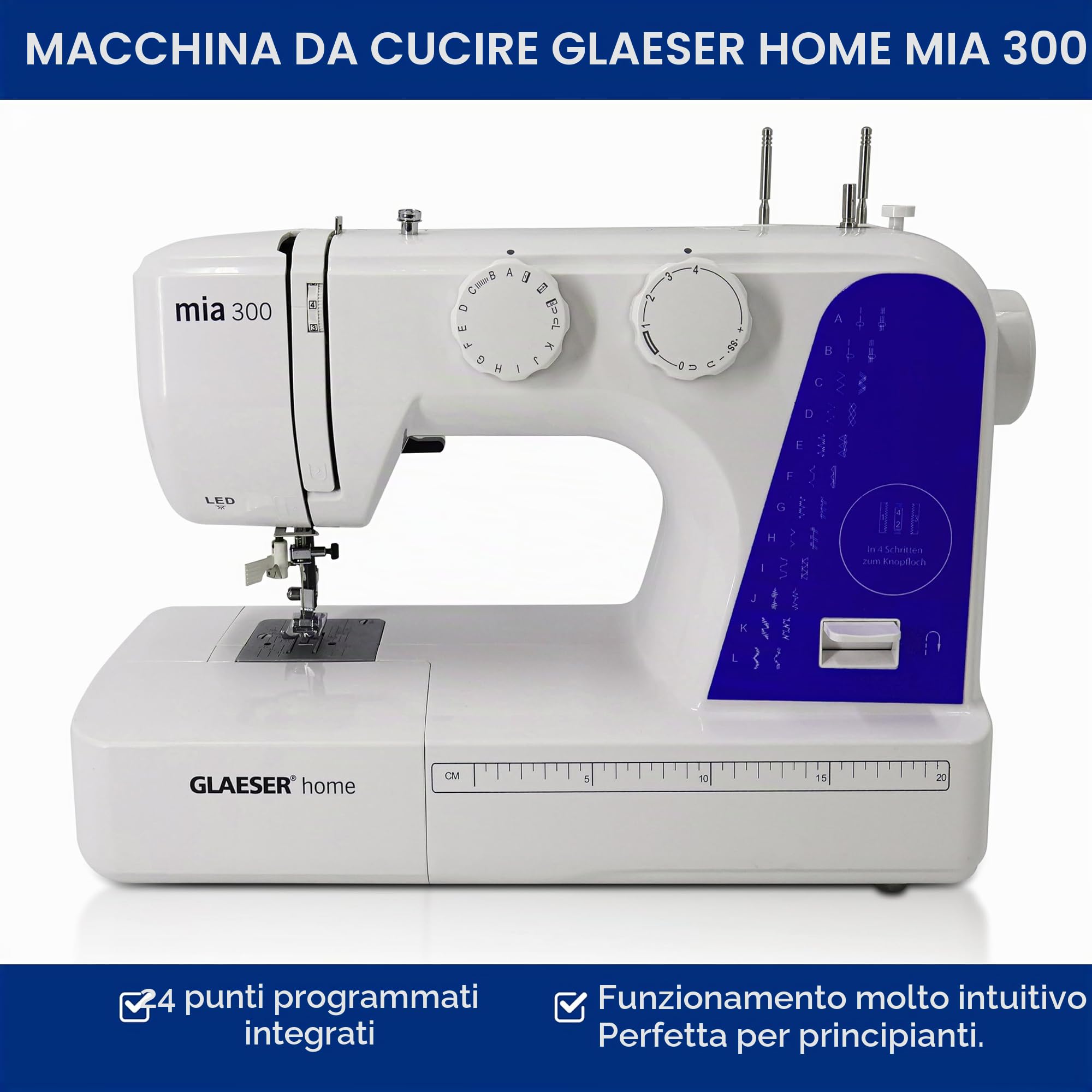 Macchina da cucire Easy GLAESER® Home Mia 300 | Macchina da cucire per principianti | Infilatore automatico | 24 punti – Varianti | Facilissimo da usare bianco/blu