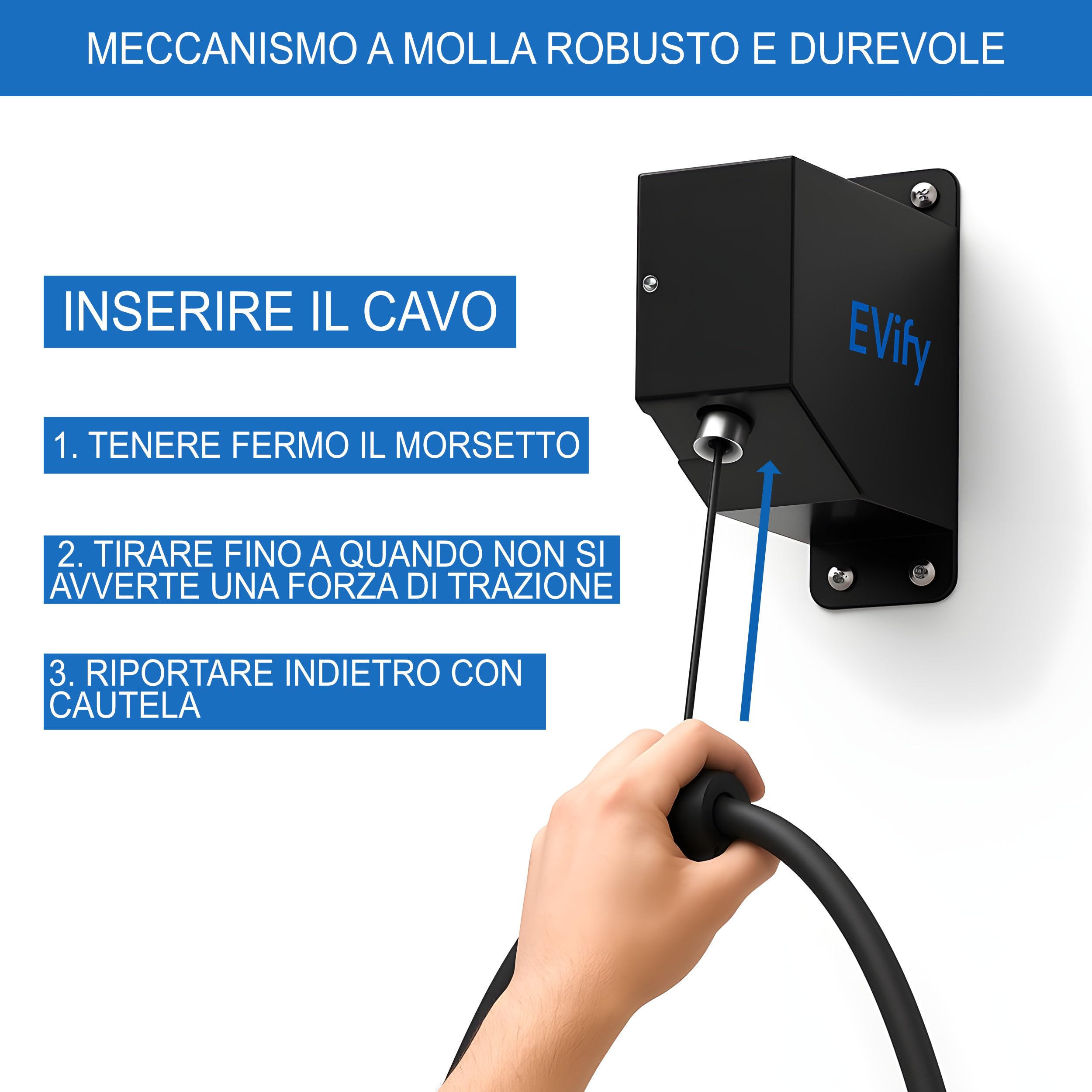 Supporto per cavo automatico di tipo 2 retrattile • Supporto da parete per cavo di ricarica con alloggiamento in acciaio • Ideale per uso esterno