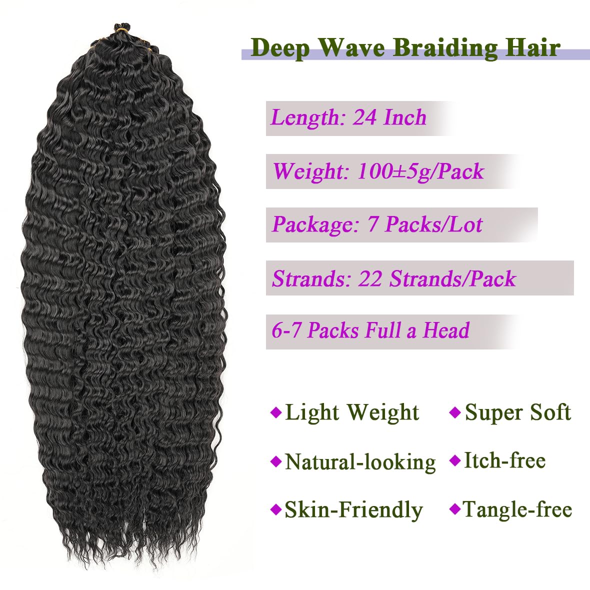 Kachanaa 24 Inch Pre-Separate Ocean Wave Crochet Hair for Goddess Braids Synthetic Crochet Braiding Hair for Boho Box Braids 7 Pack Black Pre-Separate Deep Wave Hair Extensions /1B# - Image 4