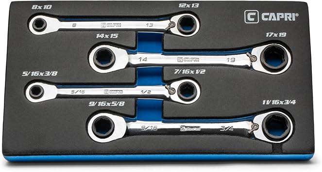 Capri Tools 4-in-1 120-Tooth Box End Reversible Ratcheting Wrench Set, Metric and SAE, 4-Piece with 16 Sizes