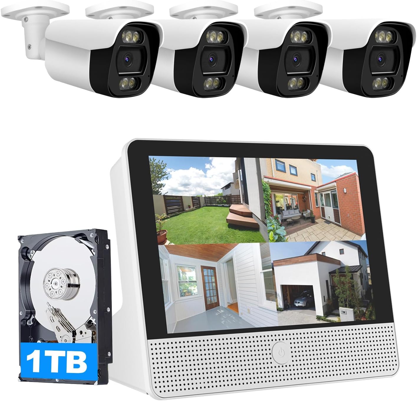 16CH Expandable PoE Security Camera System with All-in-One 10.1" LCD 4K NVR Monitor, 4Pcs 5MP PoE Bullet Cameras, Smart Dual Light, Two Way Talk, Plug & Play, Human Vehicle Detection, 1TB HDD