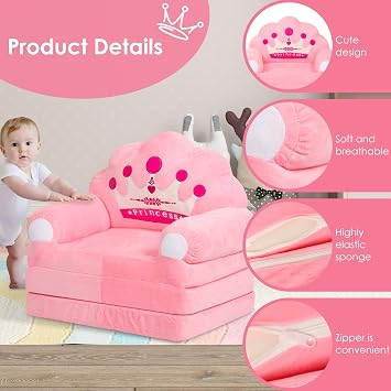 Foldable Kids Sofa Bed, 2-in-1 Toddler Couch Chair with Wide Armrest, 110cm Armchair Nap Bed for Bedroom Livingroom, Playroom, Birthday Gifts for Boys Girls(Pink)