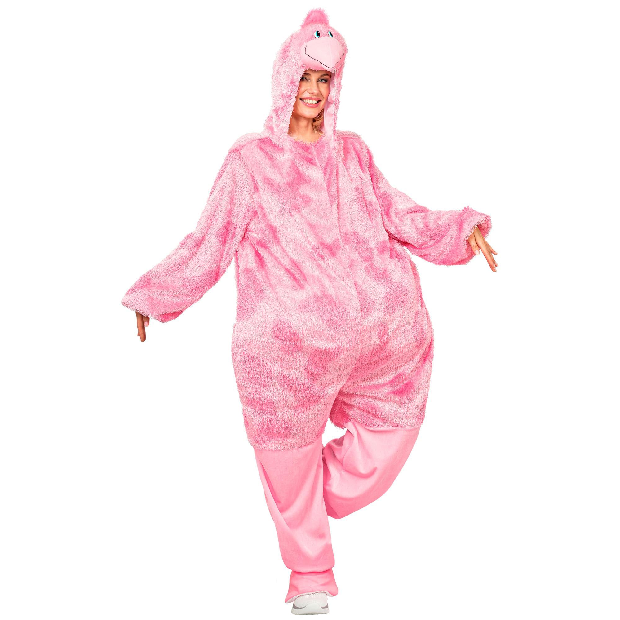W WIDMANN MILANO Party Fashion - Funny Flamingo Kostüm Erwachsene | Overall mit Kapuze und Flamingo-Kopf für Damen und Herren, Plüschkostüm für Karneval, Mottopartys