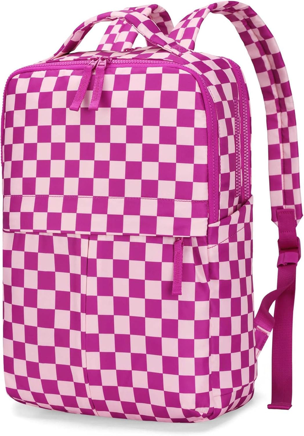 hibear Checkered Backpack for Women Nylon Fashion Backpack for Women with Multi Compartment Purses for Travel and Work (ROSE RED)
